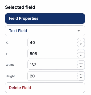 Selected field panel with type, X, Y, width and height