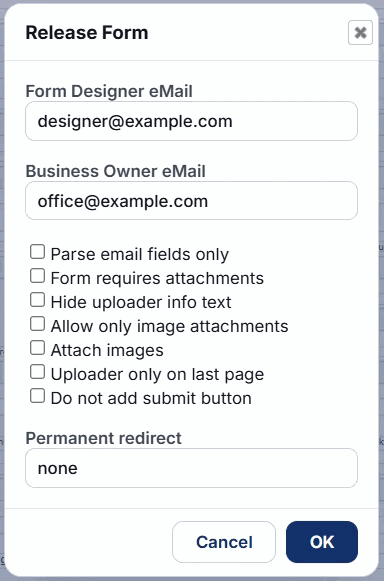 Release Form dialog with designer and business owner e-mail and options